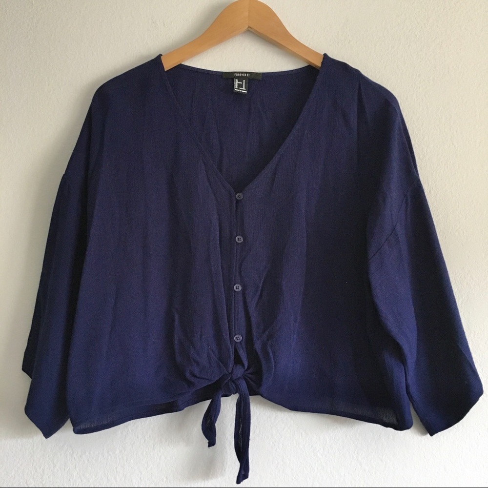 Navy button tie front top